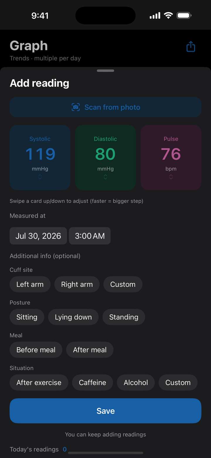 Blood pressure input screen in dark mode
