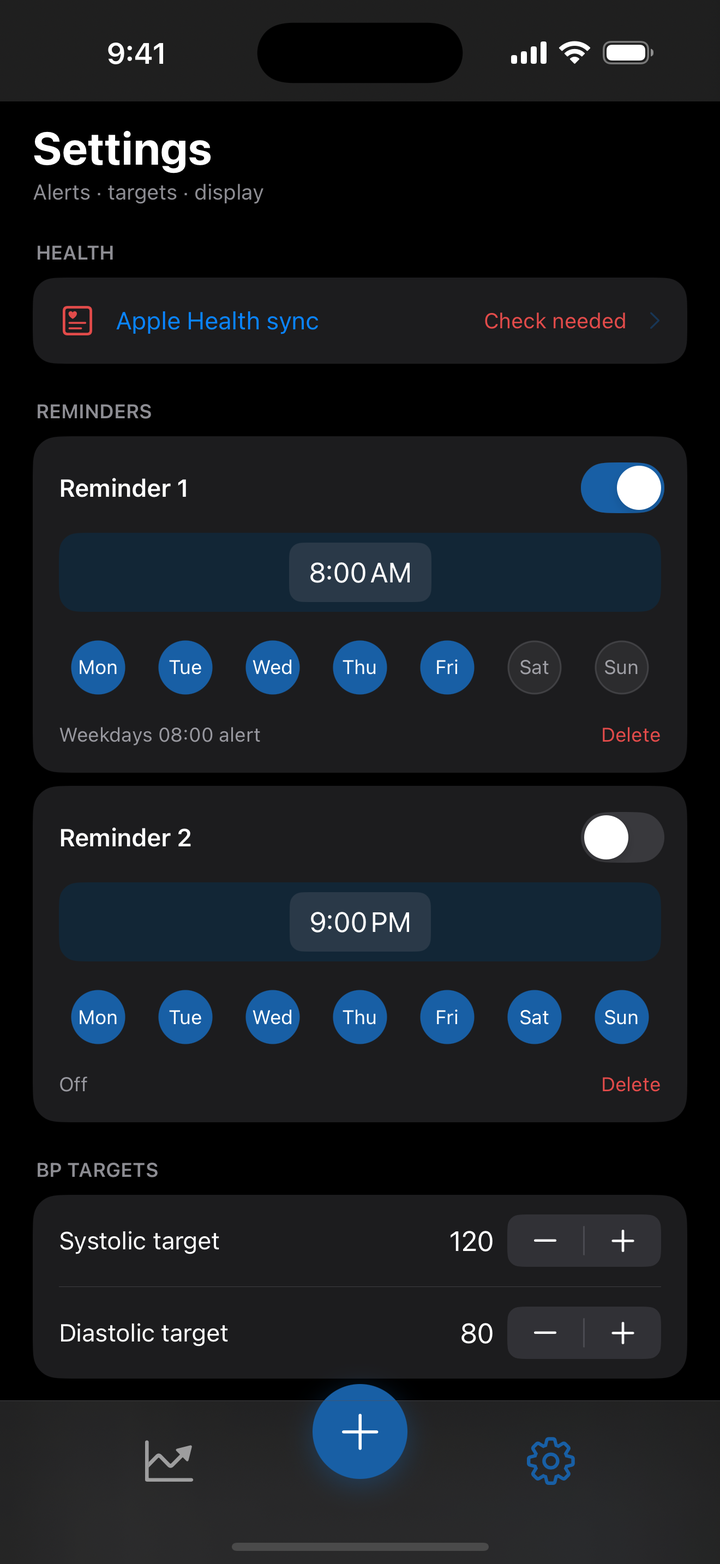 Reminders and targets settings in dark mode